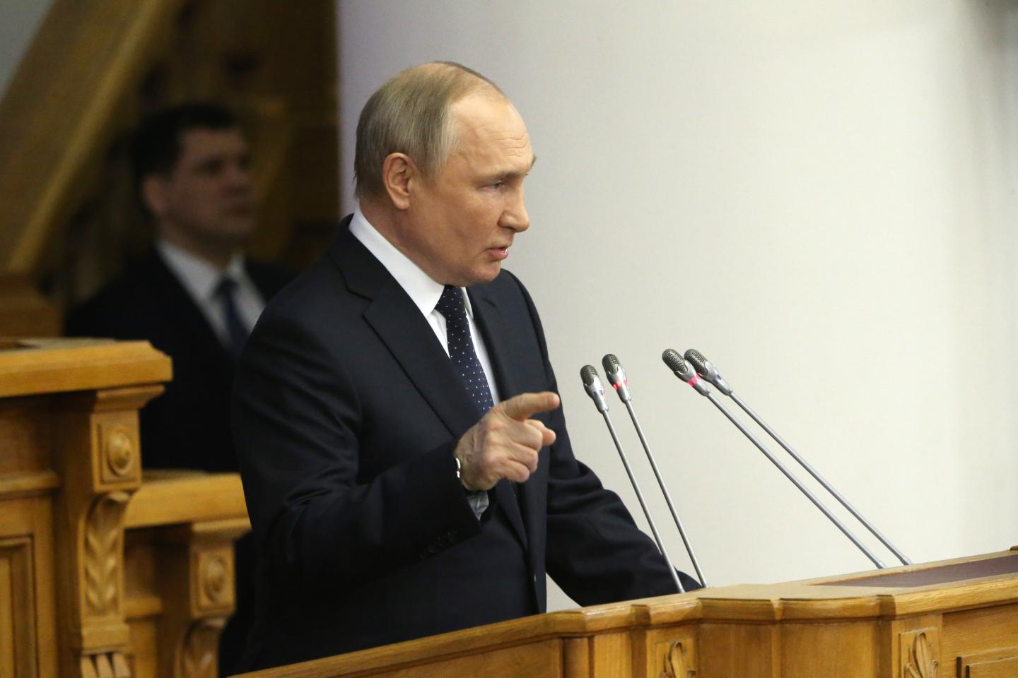 Russian President Vladimir Putin speaks during the Council of Lawmakers at the Tauride Palace, on April 27, 2022, in Saint Petersburg, Russia.