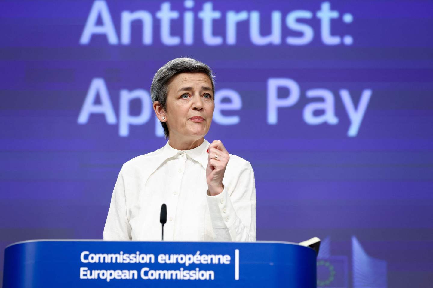 European Commission vice-president Margrethe Vestager gives a press conference on EU objections sent to Apple over practices regarding Apple Pay, at the EU headquarters in Brussels on May 2, 2022.