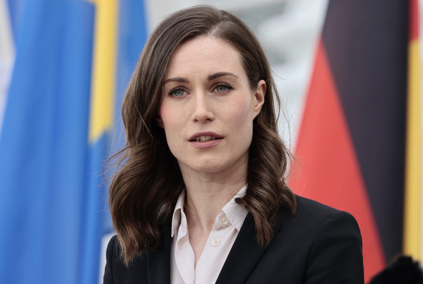 Finnish Prime Minister Sanna Marin addresses the media during the first day of a German federal government cabinet retreat at Schloss Meseberg on May 3, 2022 in Meseberg, Germany.