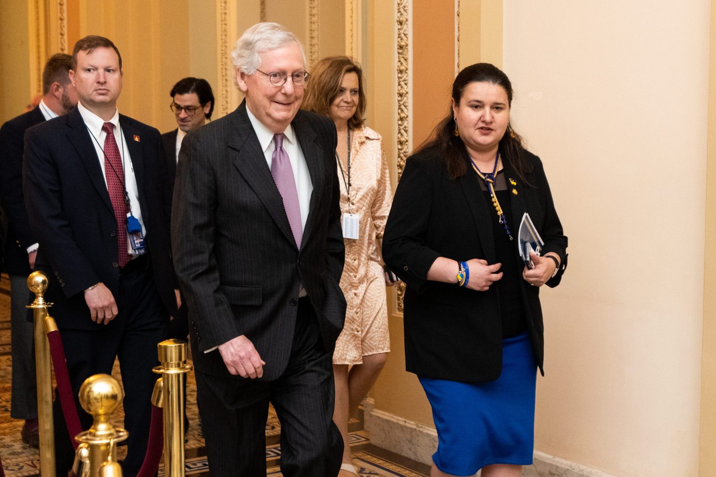 UNITED STATES - MAY 10: Senate Minority Leader Mitch McConnell, R-Ky., walks with Ukrainian Ambassador to the U.S. Oksana Markarova to the Senate Republicans lunch in the Capitol on Tuesday, May 10.