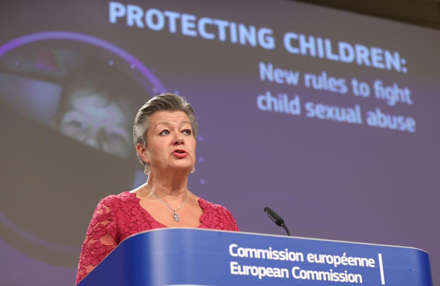 European Commissioner for Home Affairs Ylva Johansson talks during a joint press conference with Vice-President of the European Commission for Democracy and Demography Dubravka Suica (not seen) on the children's rights package handled in the EU Commission in Brussels, Belgium on May 11, 2022.