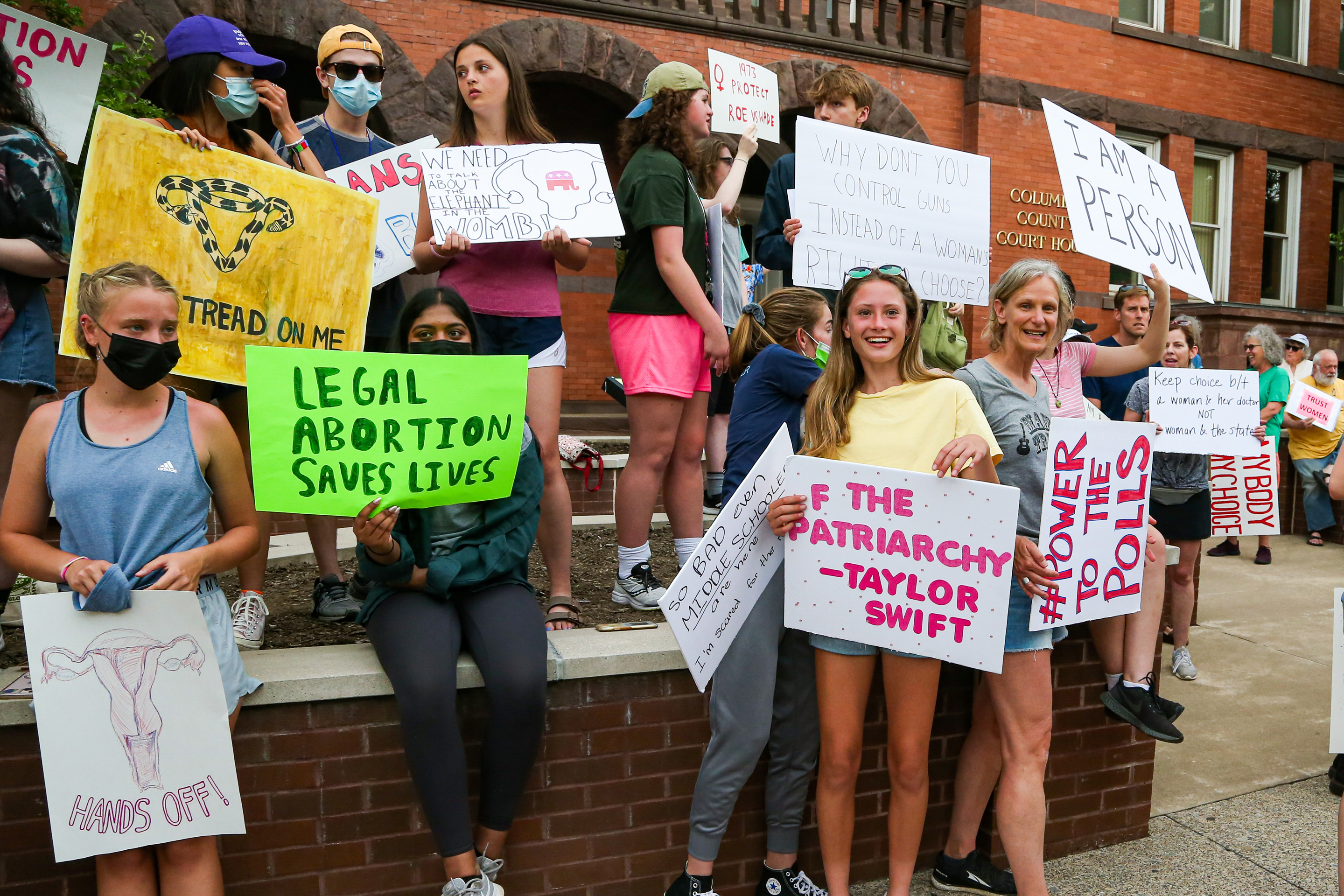 BLOOMSBURG, PENNSYLVANIA, UNITED STATES - 2022/05/15: Protesters hold placards during an abortion rights rally at the Columbia County courthouse. About 100 people attended the rally, which was organized in response to a leaked draft of a Supreme Court decision that would end federal protection of abortion rights in the United States. (Photo by Paul Weaver/SOPA Images/LightRocket via Getty Images)