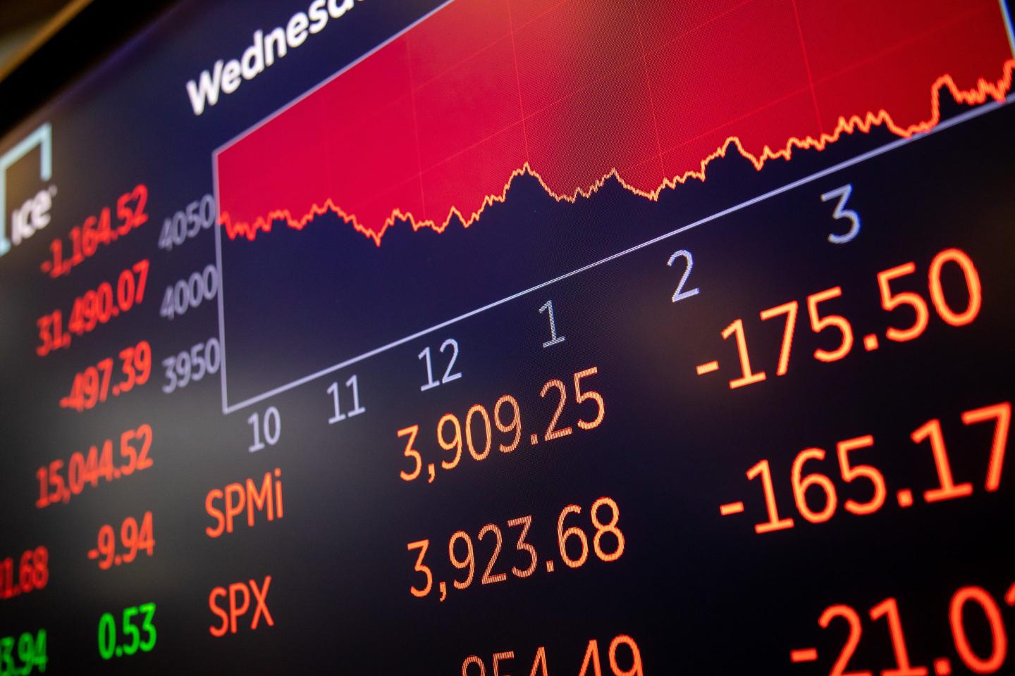electronic screen displaying stock market numbers going down.