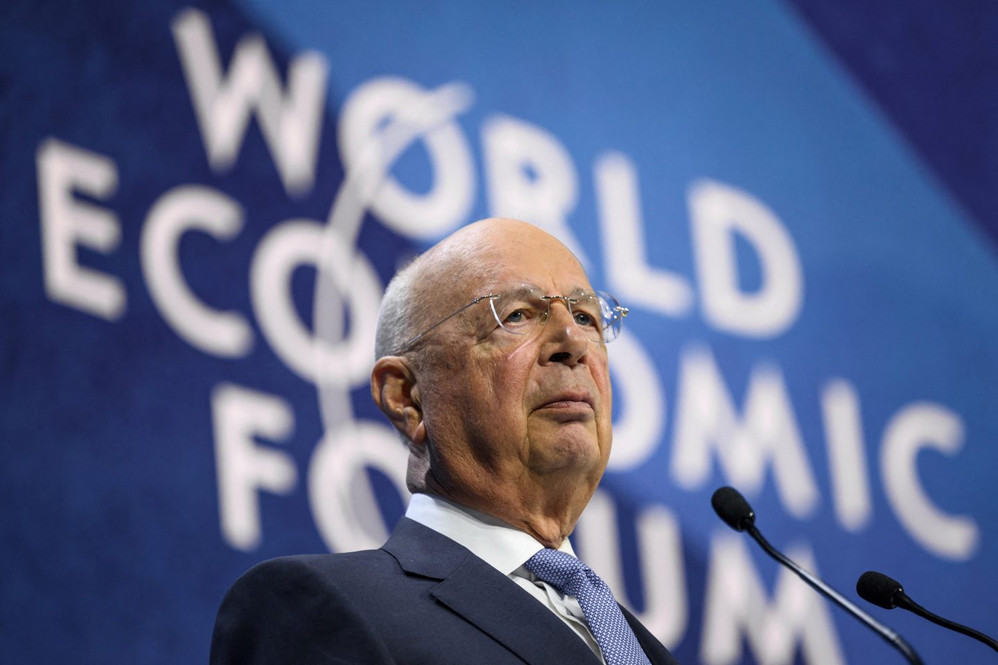 Founder and executive chairman of the World Economic Forum Klaus Schwab delivers a speech in Davos on May 23, 2022.