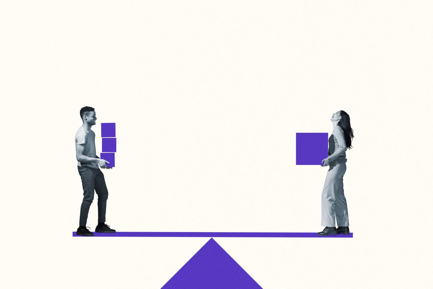 Man and woman carrying purple blocks on a seesaw