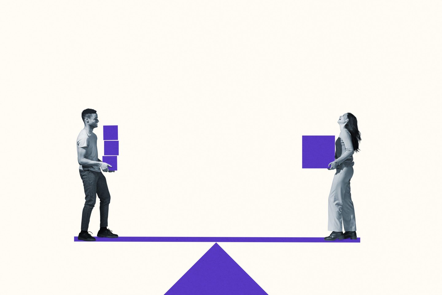 Man and woman carrying purple blocks on a seesaw