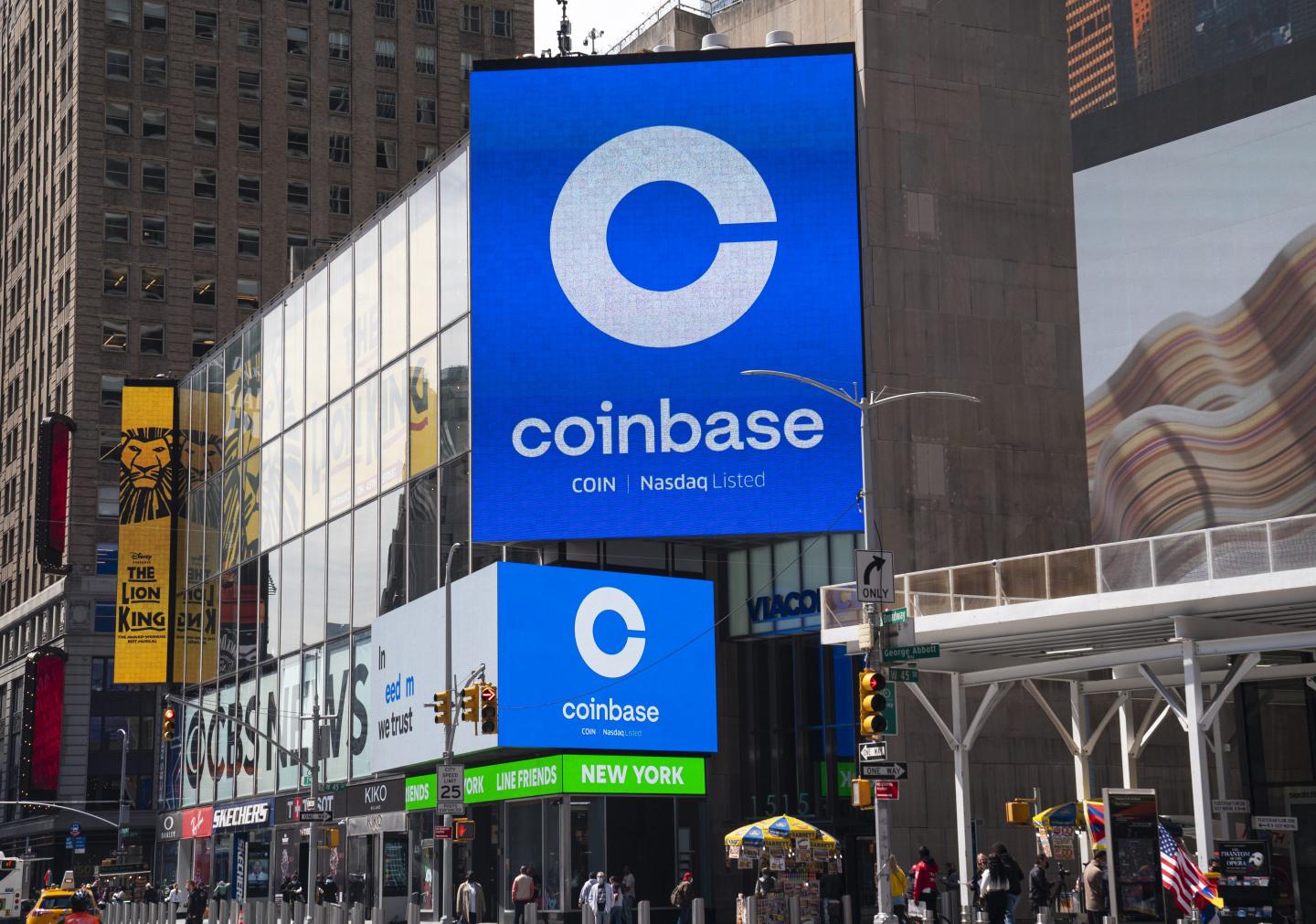 Coinbase logo appears on signage in New York City.