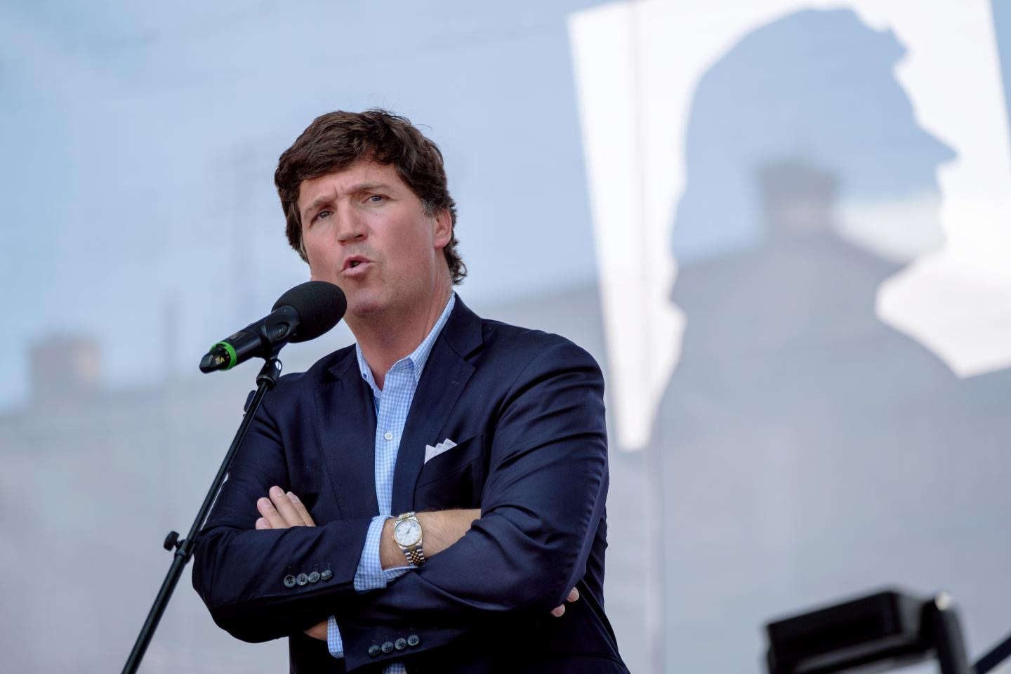Tucker Carlson speaks during the Mathias Corvinus Collegium (MCC) Feszt on August 7, 2021 in Esztergom, Hungary.