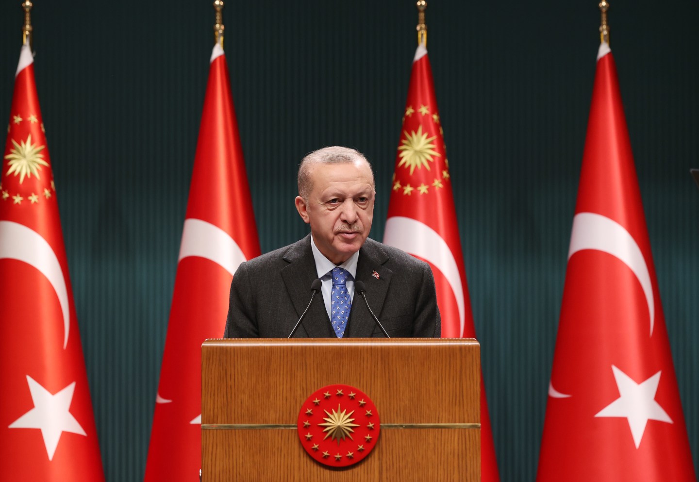 President of Turkey, Recep Tayyip Erdogan made a statement after the cabinet meeting with the agenda of Russia and Ukraine on February 28, 2022 in Ankara, Turkey.