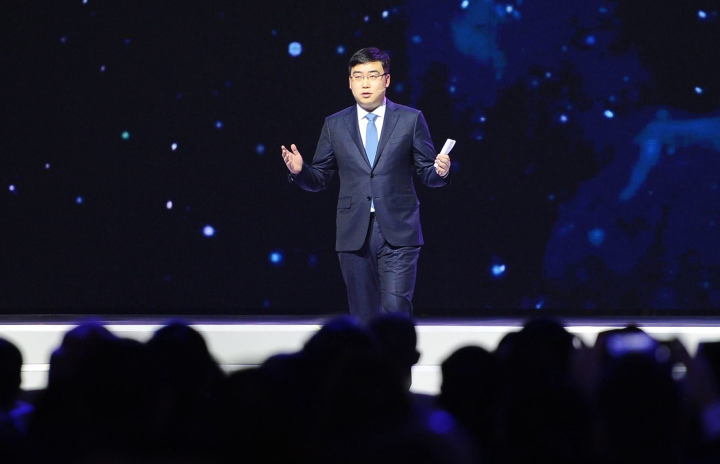 Photo of Cheng Wei, Didi's co-founder and CEO, giving a speech onstage at the 4th World Internet Conference in Wuzhen, China, on December 3, 2017.