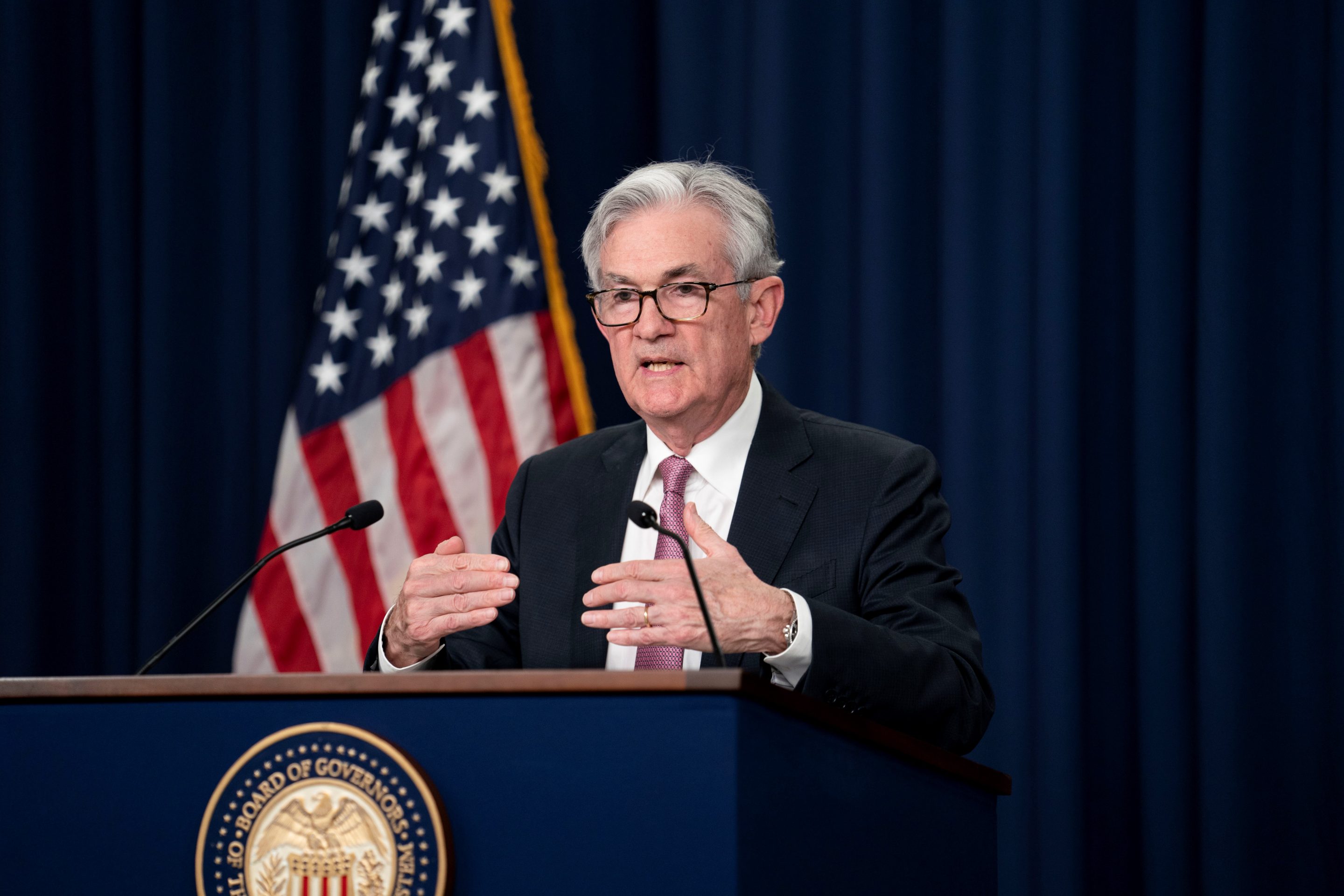 Fed Chair Jerome Powell gives a speech.