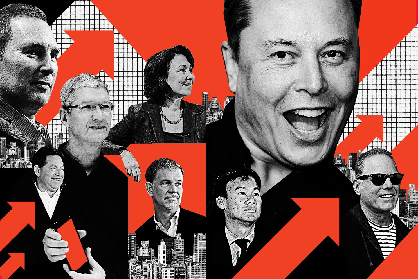 Highly paid, or overpaid? From left to right: Andy Jassy, Bobby Kotick, Tim Cook, Safra Catz, Reed Hastings, Dexter Goei, Elon Musk, David Zaslav. 