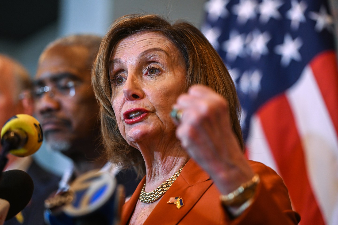 Speaker of the House Nancy Pelosi talks at a news conference.