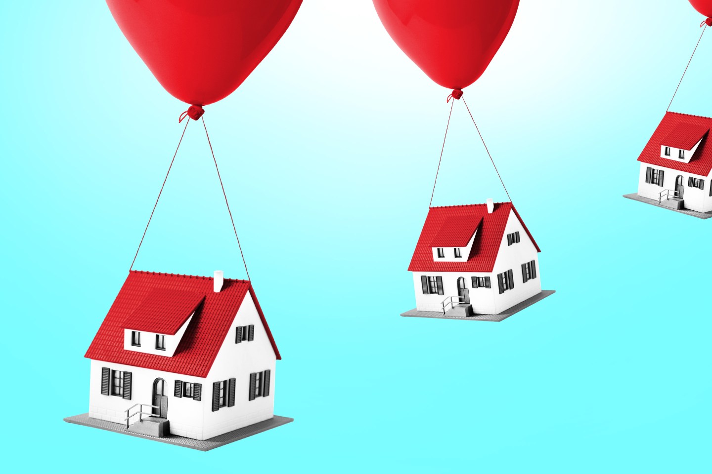 Artistic rendering of homes being carried off by balloons