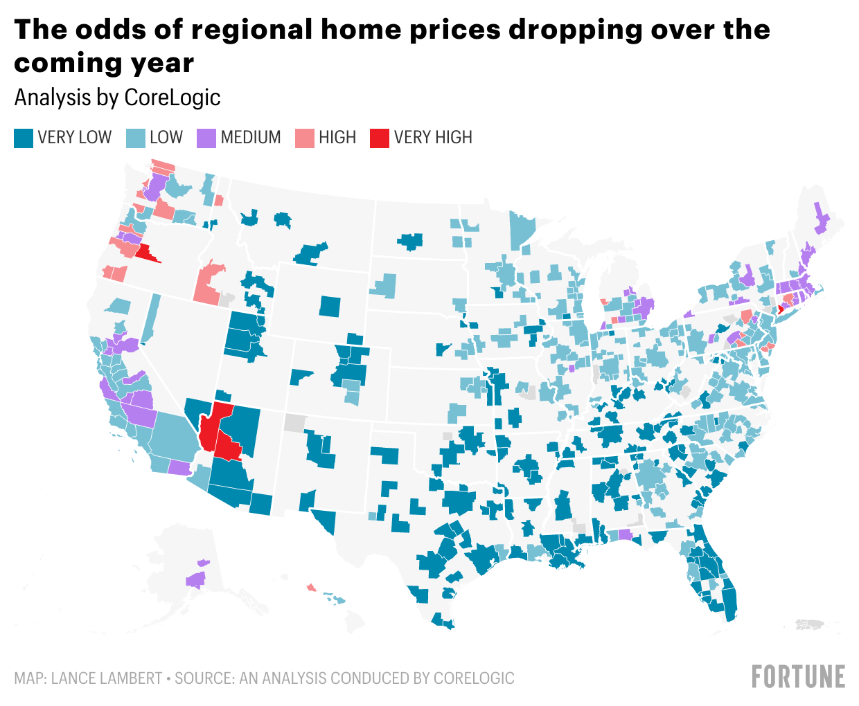 A color-coded map of the U.S. showing the odds of home prices dropping