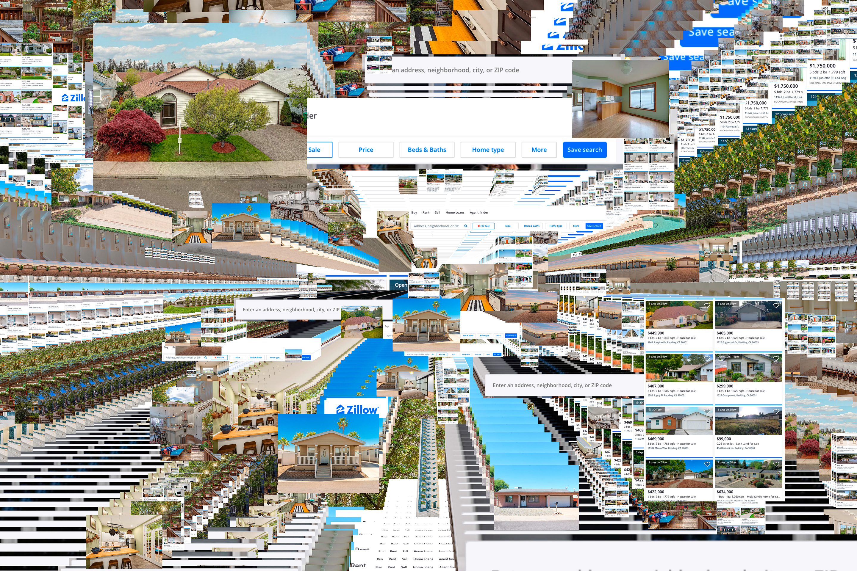 Photo Illustration of Zillow listings.