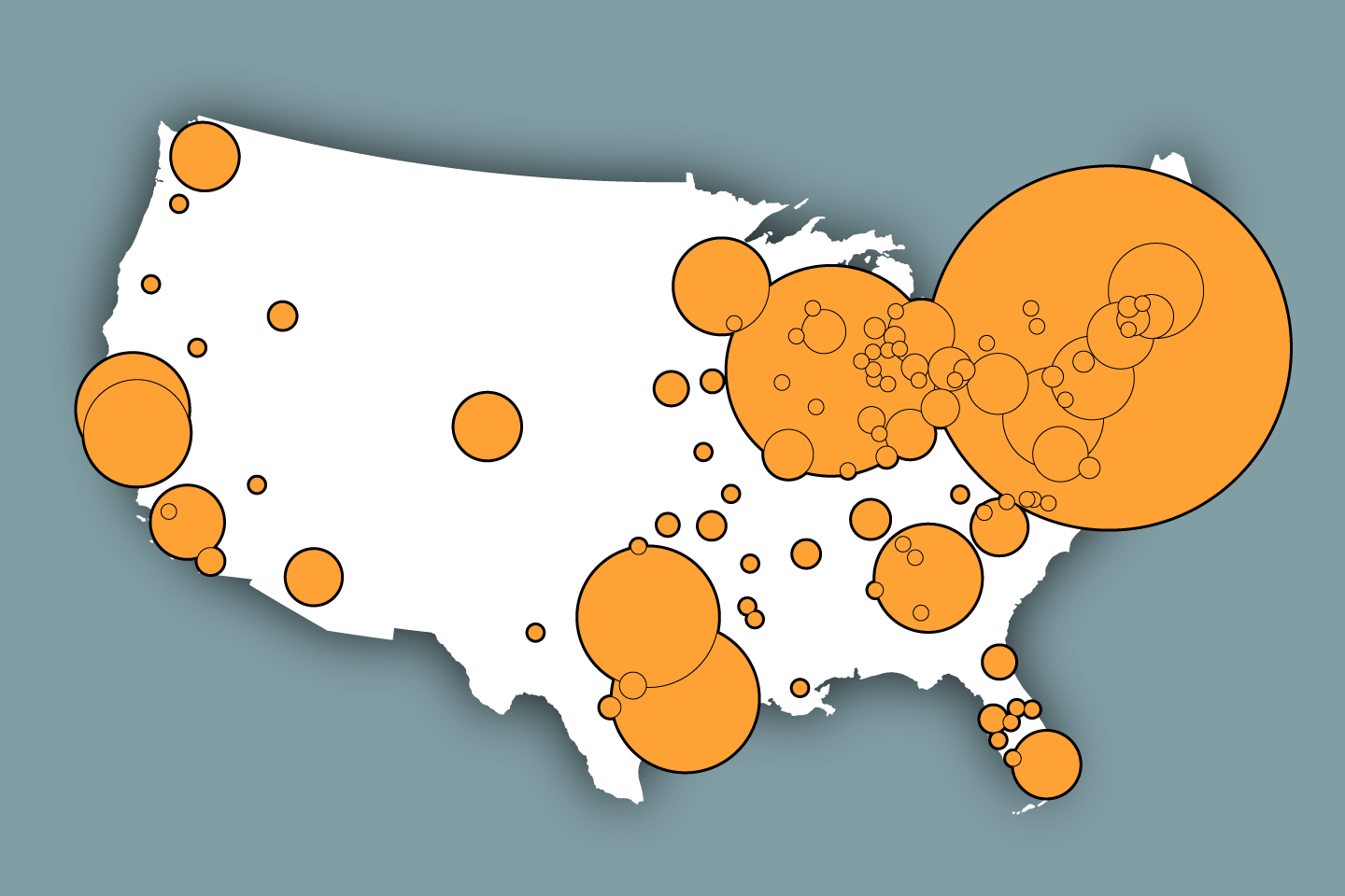 Map showing the locations of Fortune 500 companies