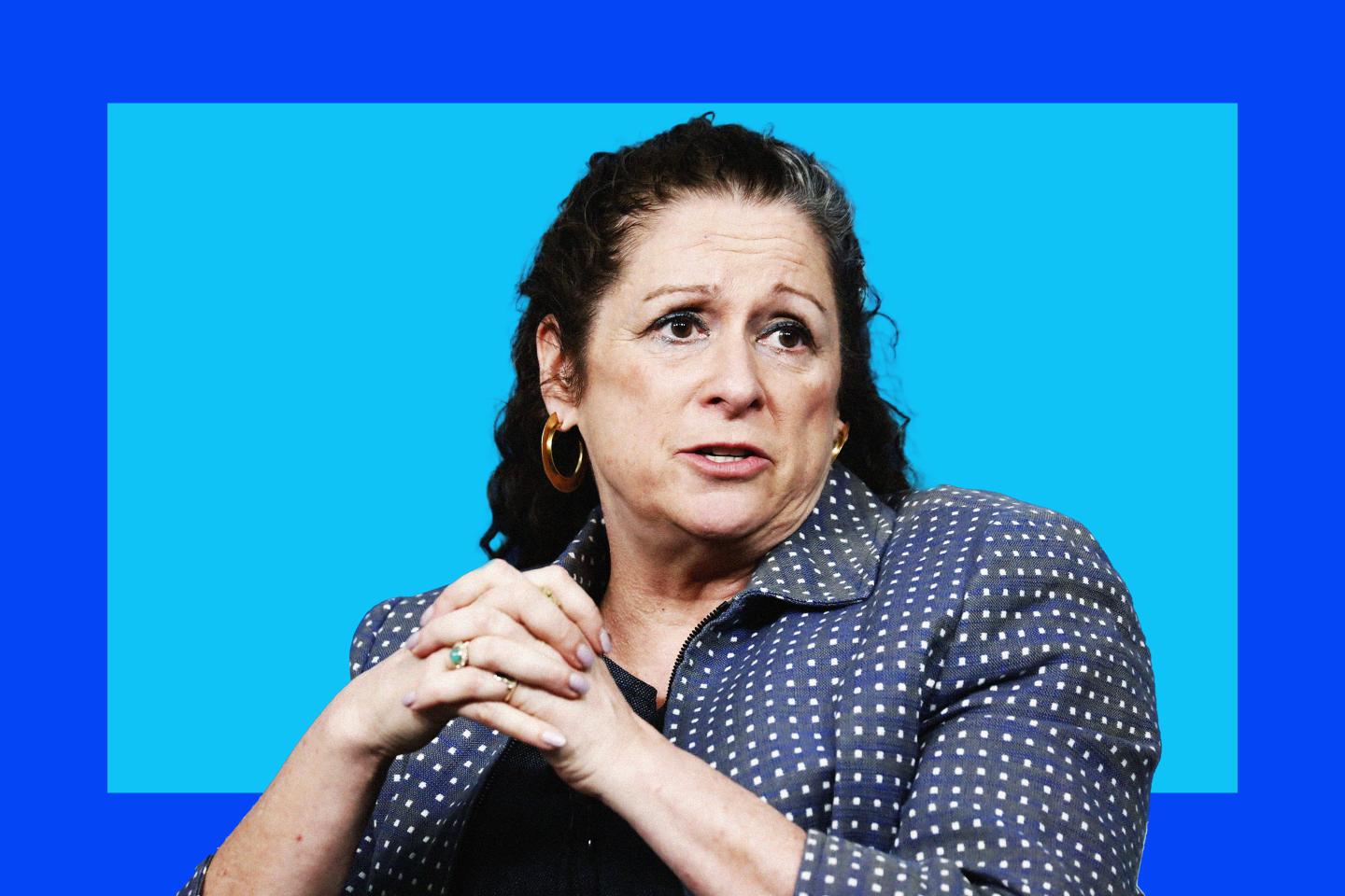 Abigail Disney silhouetted on a blue background.