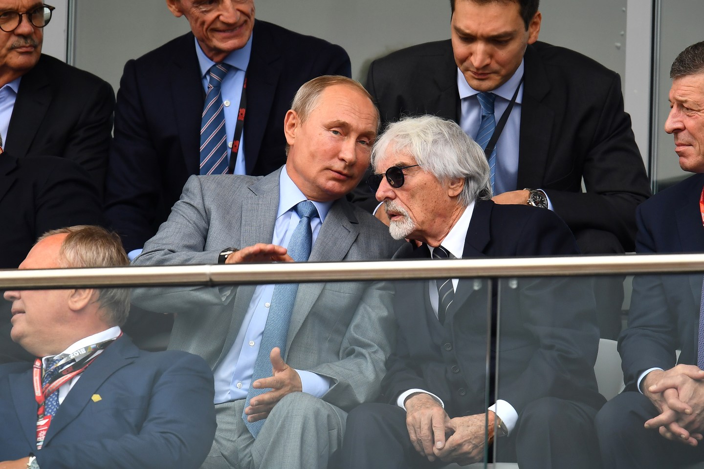 Russian President Vladimir Putin and Bernie Ecclestone, chairman emeritus of the Formula 1 Group, talk during the 2018 Formula 1 Grand Prix of Russia.