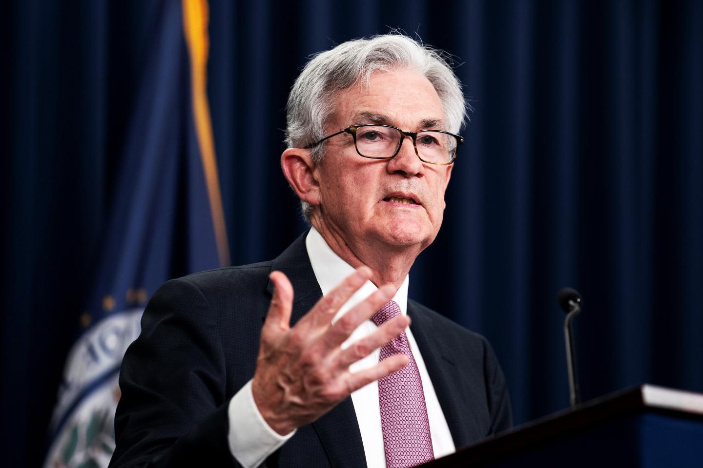 U.S. Federal Reserve Chair Jerome Powell attends a press conference.