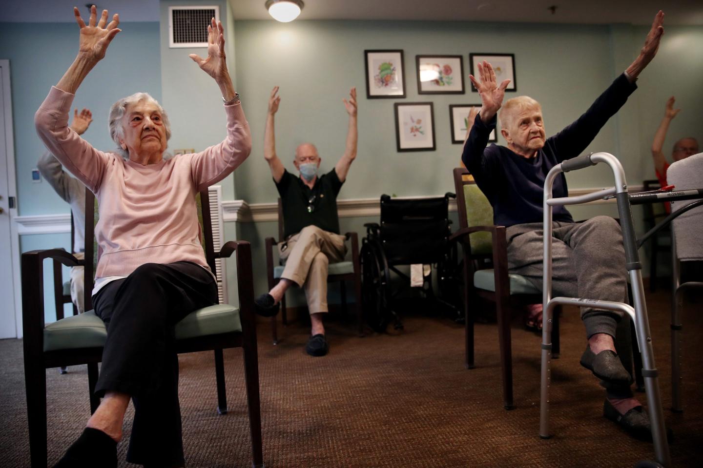 Residents taking yoga at an assisted care facility in Boston