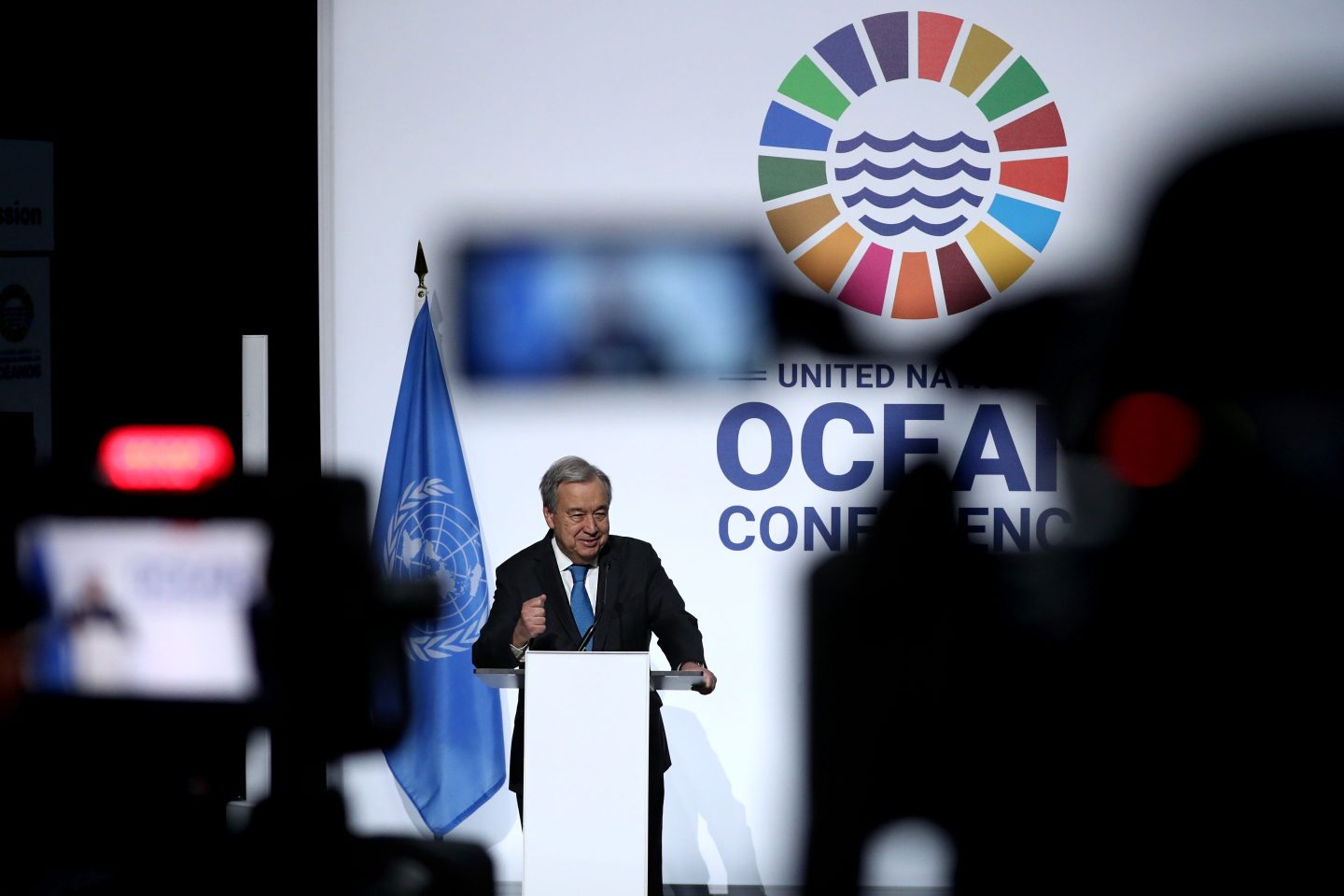 United Nations Secretary General Antonio Guterres speaks at the UN Oceans Conference in Lisbon, Portugal, on June 27.