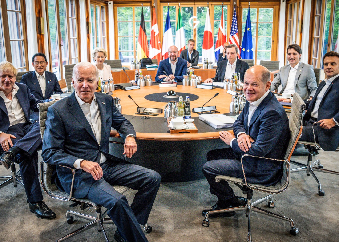 U.S. President Joe Biden, Boris Johnson, Prime Minister of Great Britain, Fumio Kishida, Prime Minister of Japan, Ursula von der Leyen, President of the EU Commission, Charles Michel, President of the EU Council, Mario Draghi, Prime Minister of Italy, Justin Trudeau, Prime Minister of Canada, Emmanuel Macron, President of France, German Chancellor Olaf Scholz (SPD),on the last day of the three-day G7 summit.