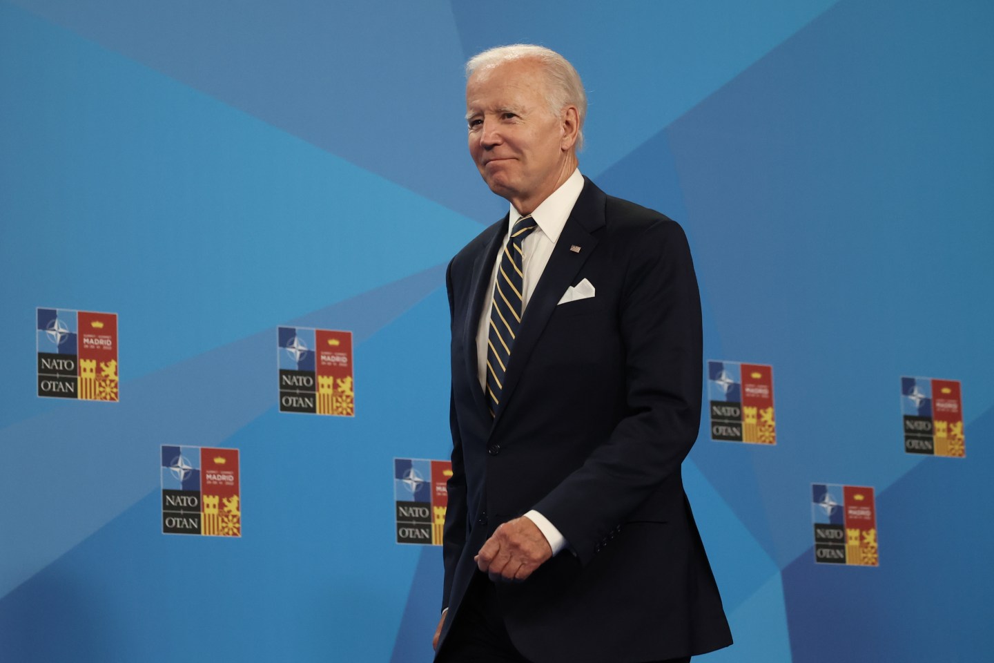 President Joe Biden arrives for the press conference on the final day of the NATO Summit in Madrid on June 30.