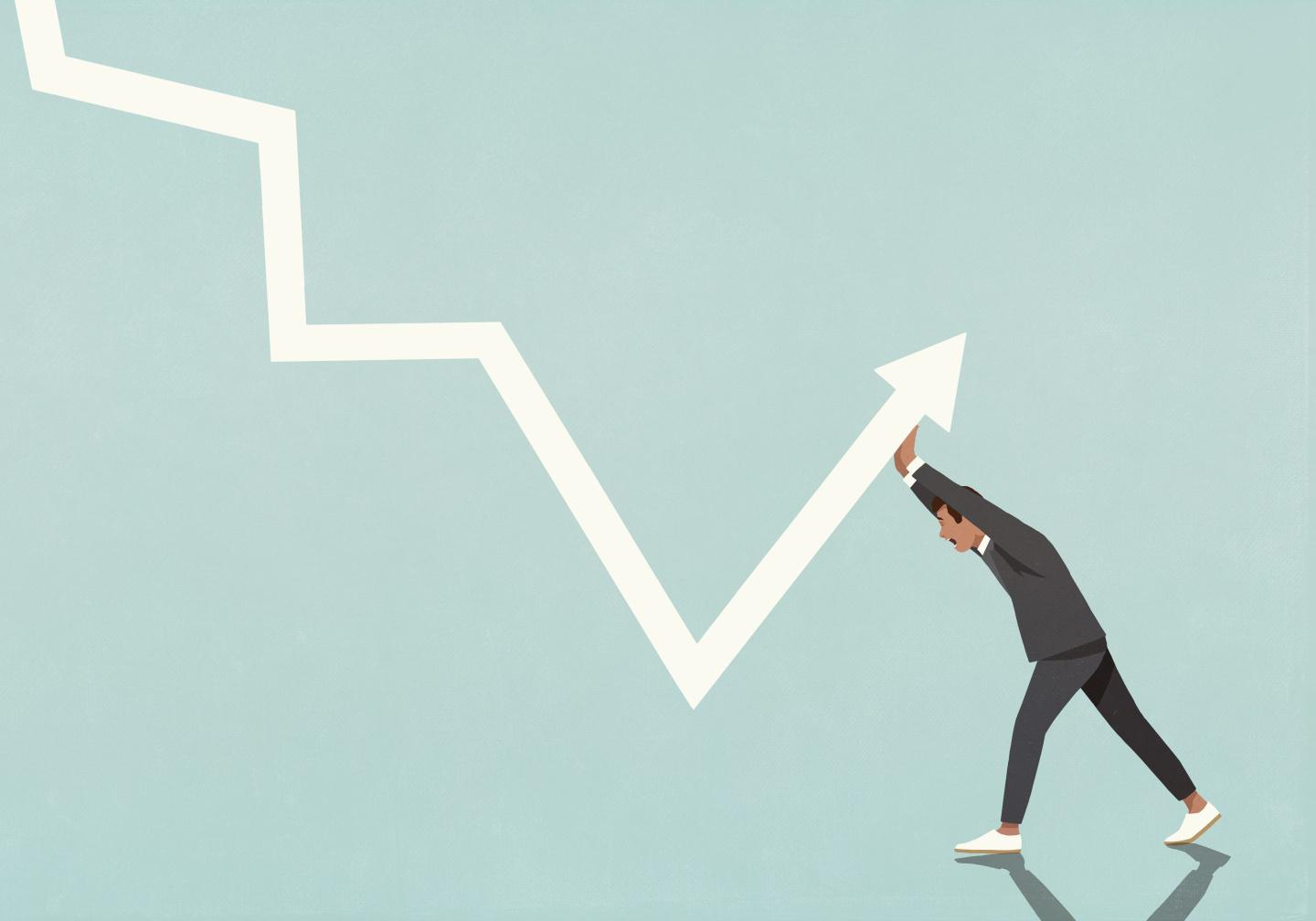 Businessman struggling to move data arrow upwards