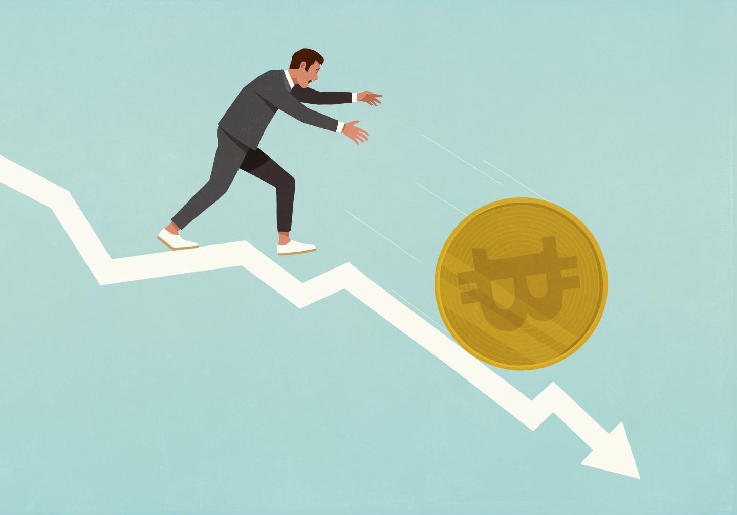 Artistic representation of a man chasing a Bitcoin token downhill