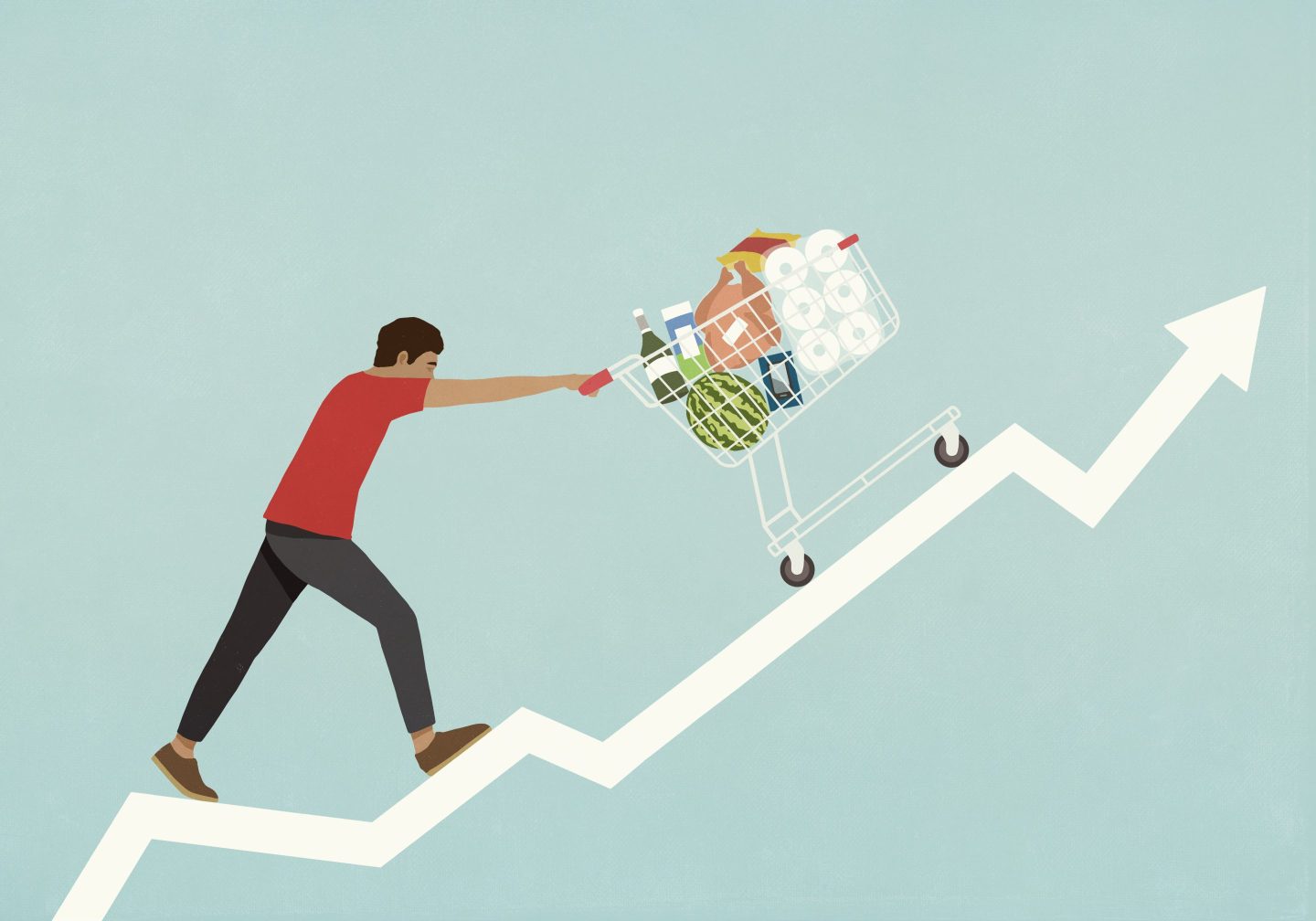 Illustration of a man pushing a shopping cart up a chart.