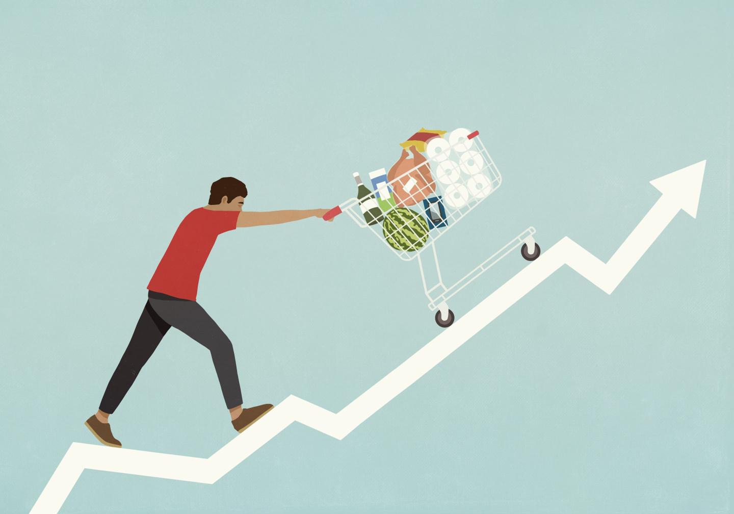 Illustration of a man pushing a shopping cart up a chart.