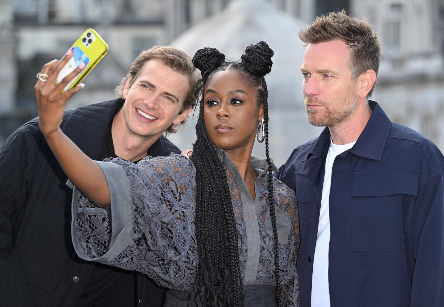 Hayden Christensen, Moses Ingram and Ewan McGregor pose for a selfie