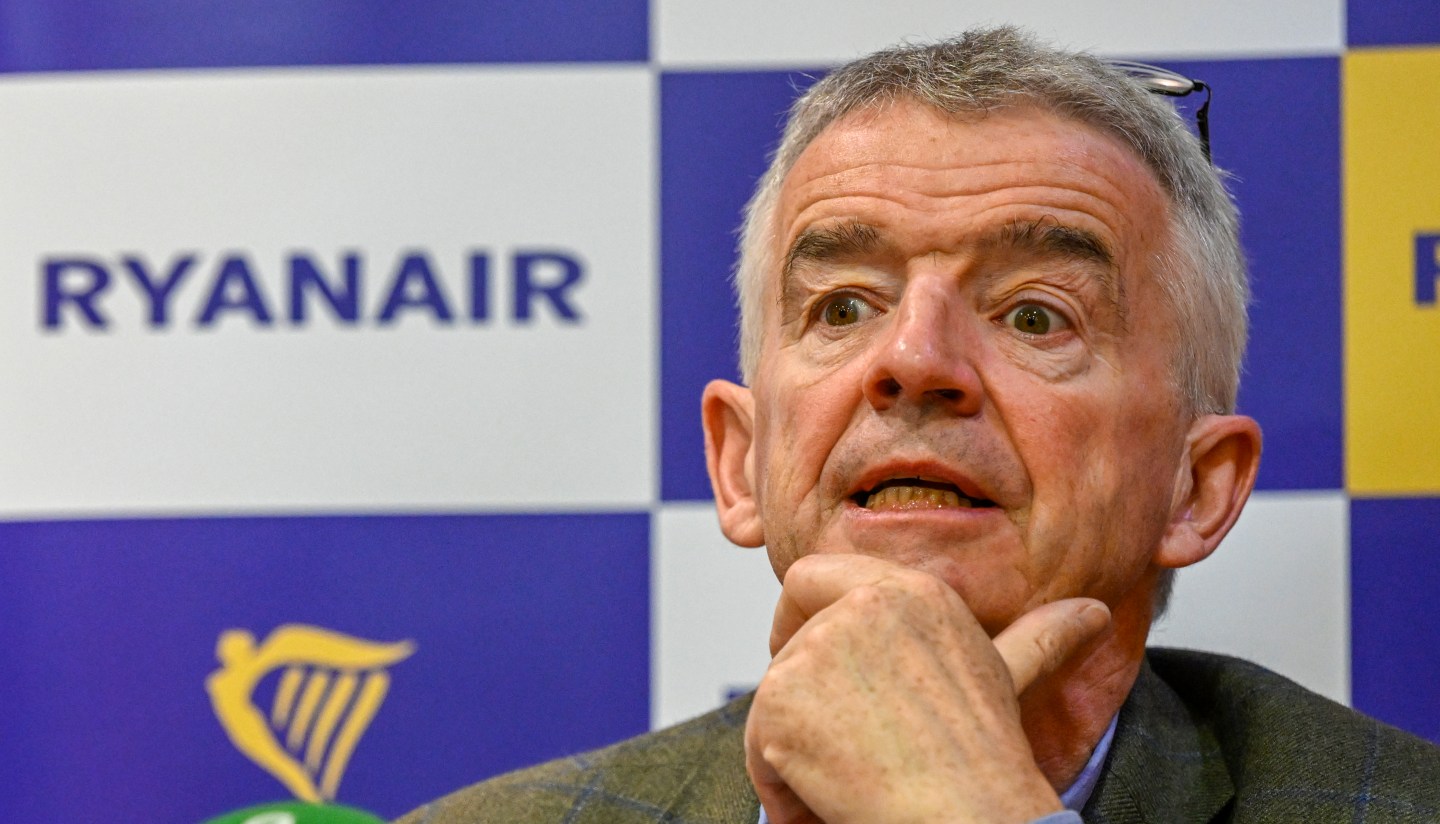 Ryanair Group CEO Michael O'Leary delivers remarks during a press conference on May 25, 2022 in Lisbon, Portugal.