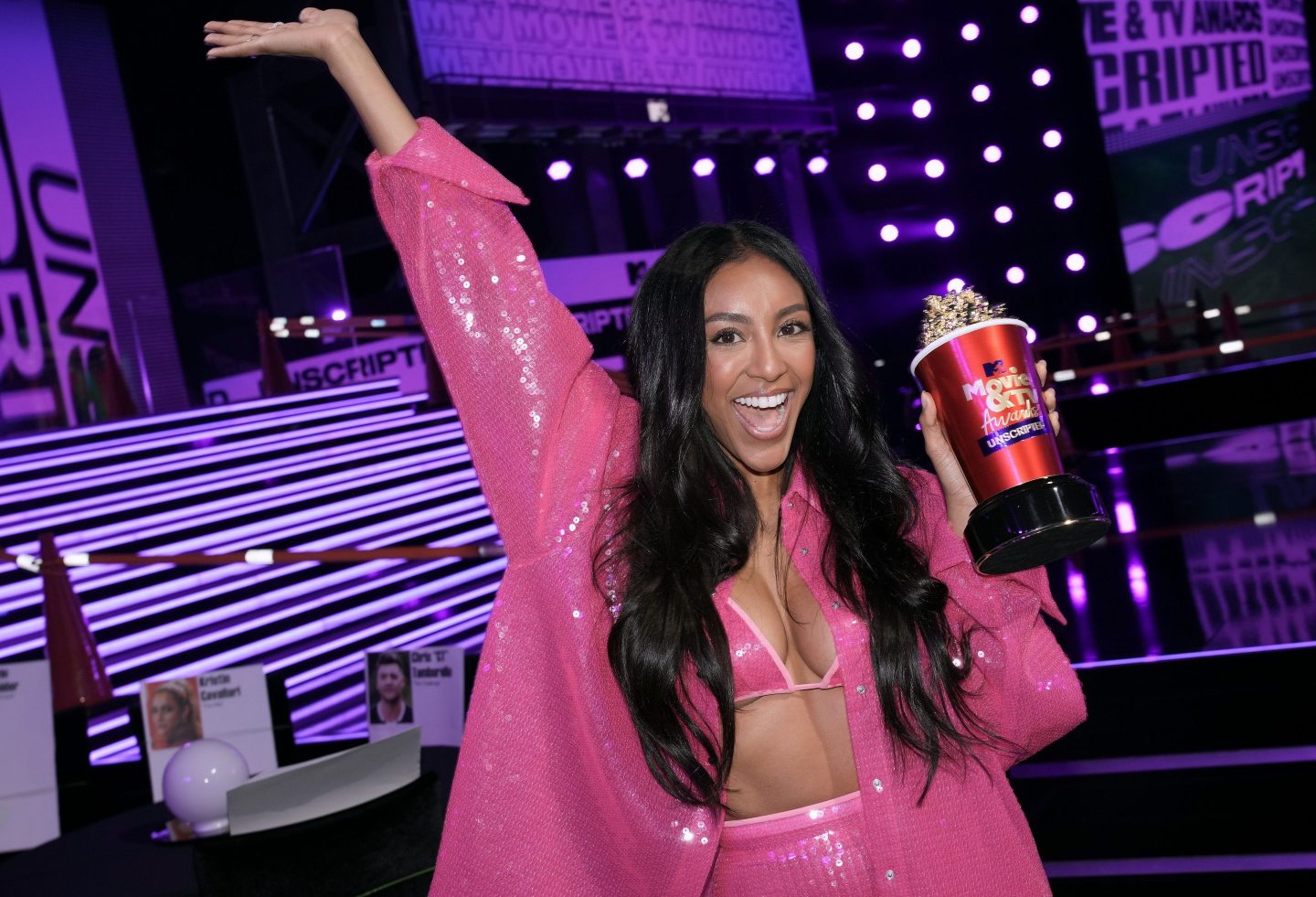 SANTA MONICA, CALIFORNIA - JUNE 01: Host Tayshia Adams at the 2022 MTV Movie & TV Awards press day at Barker Hangar on June 01, 2022 in Santa Monica, Calif.