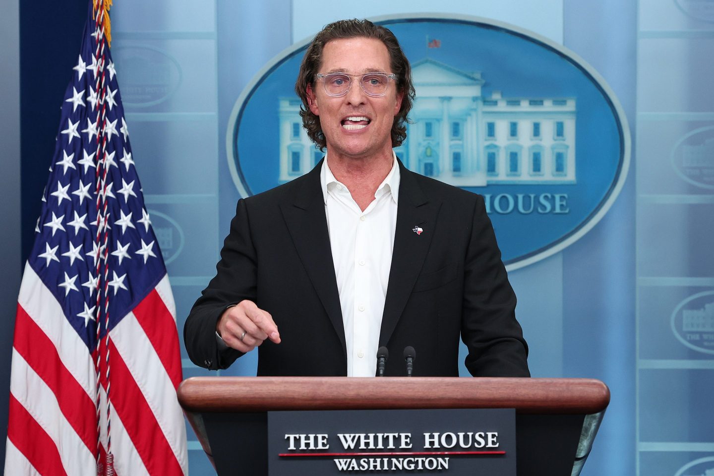 Matthew McConaughey delivering a speech at the White House in June 2022