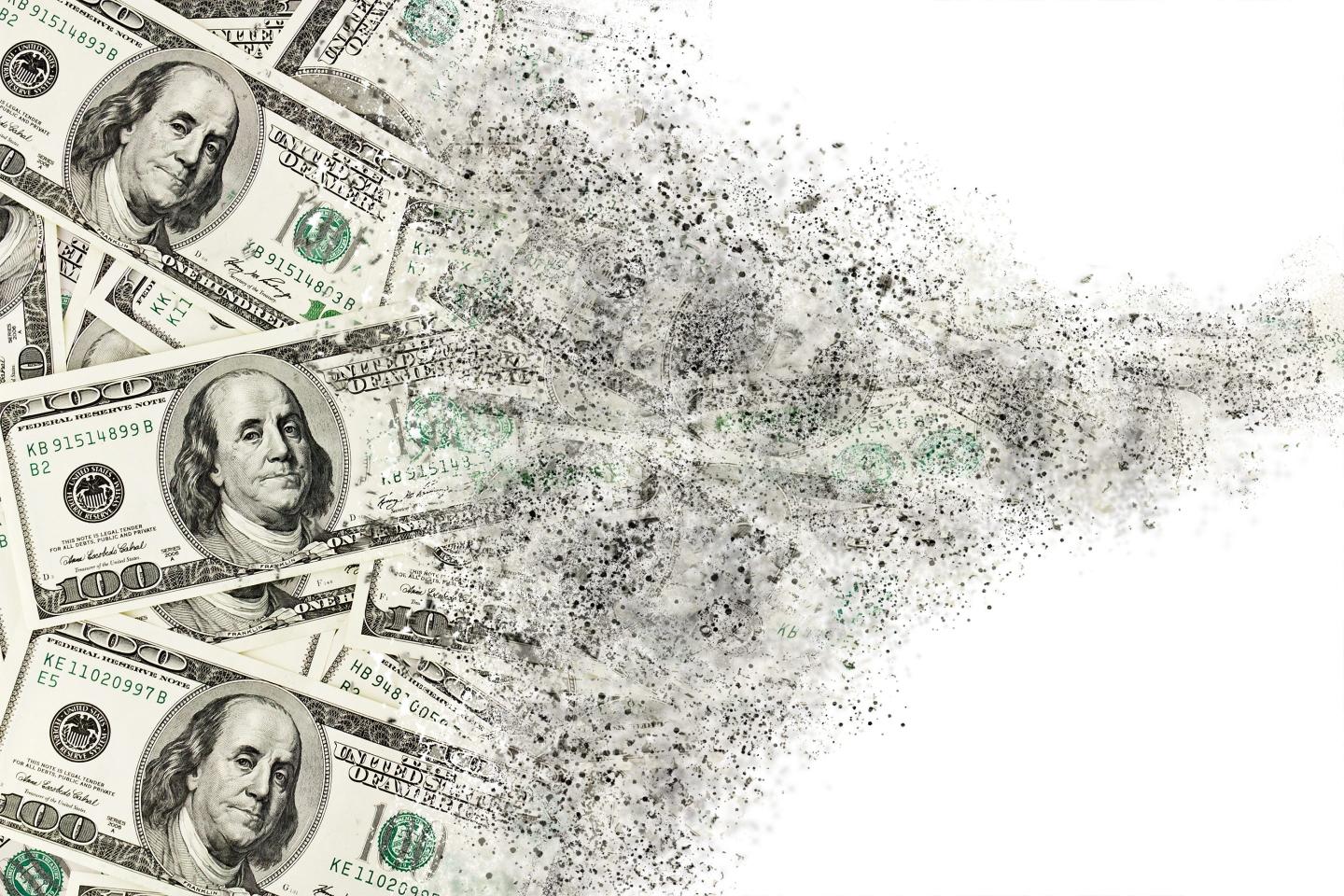 Two packets of dollars twitching at each other, white background