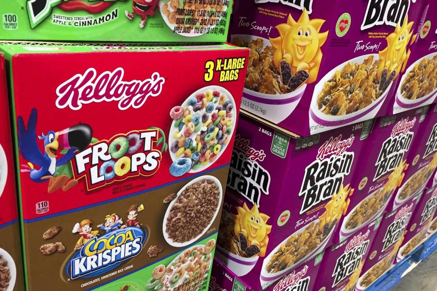 Boxes of Kellogg's cereals including Froot Loops, Cocoa Krispies and Raisin Bran are seen at a store in Arlington, Virginia, December 1, 2016.