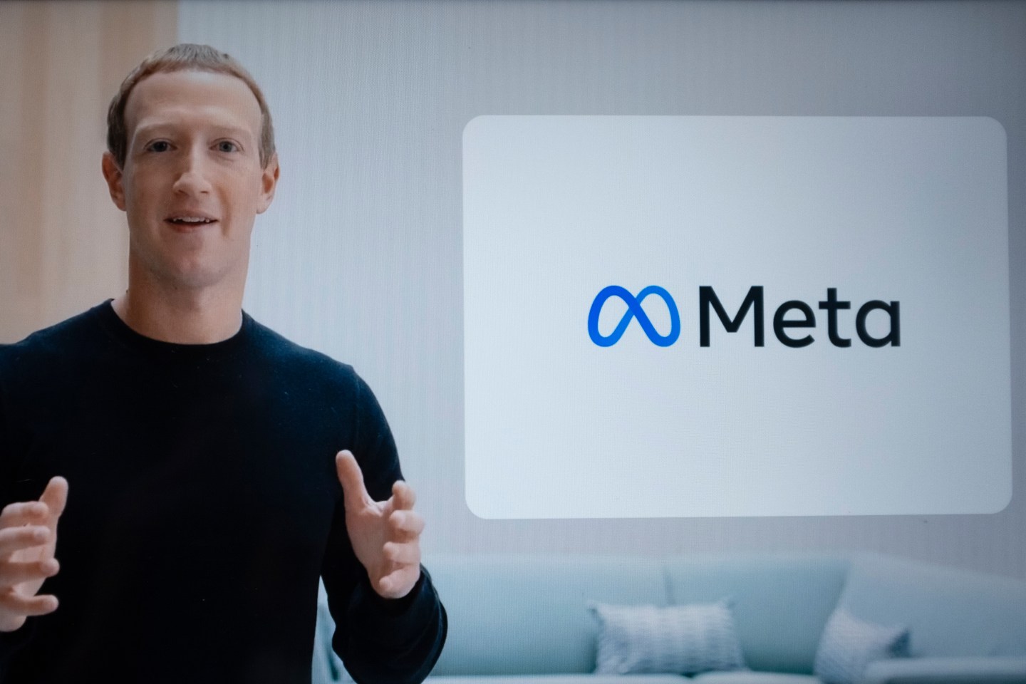 Meta Platforms CEO Mark Zuckerberg announcing the company's rebranding on October 28, 2021. The company’s stock price has fallen almost 40% since then, in large part because of investors' concern over new challenges to its advertising business.
