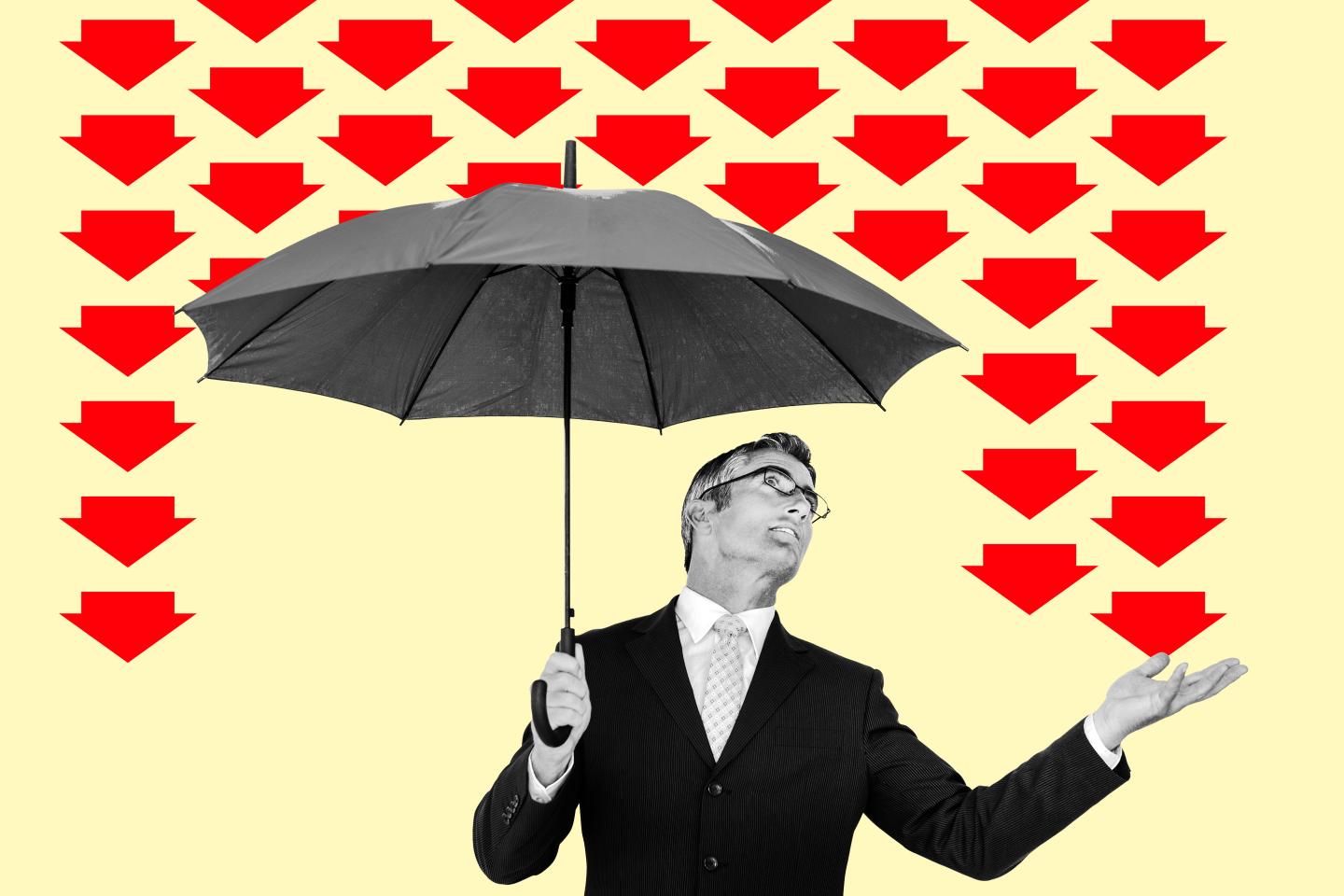 Illustration showing a man holding an umbrella to shield him from red arrows pointing downward