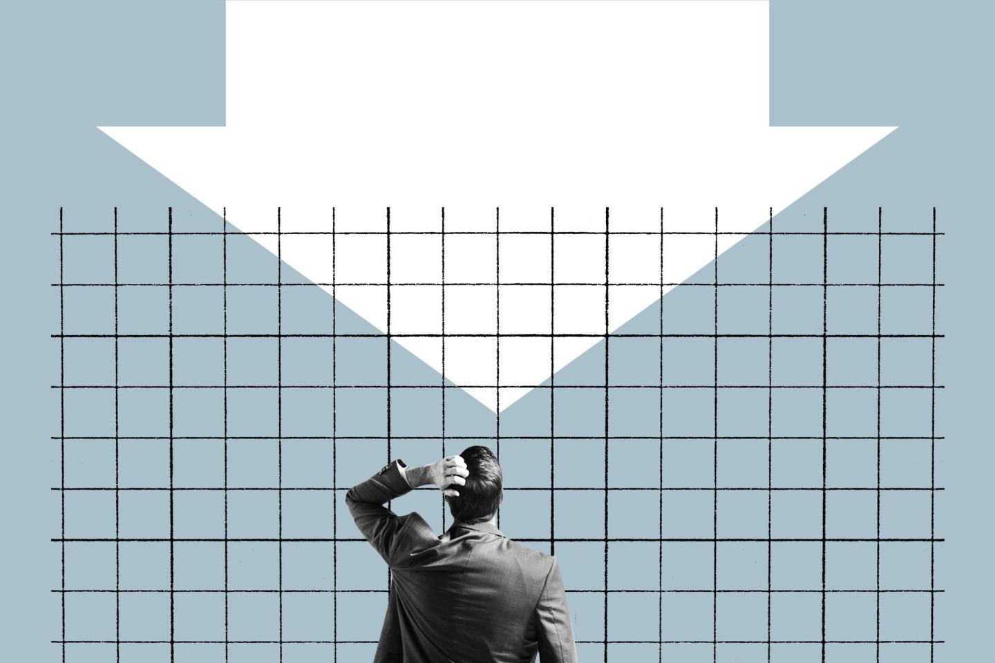 Illustration of a man looking at a big arrow pointing down