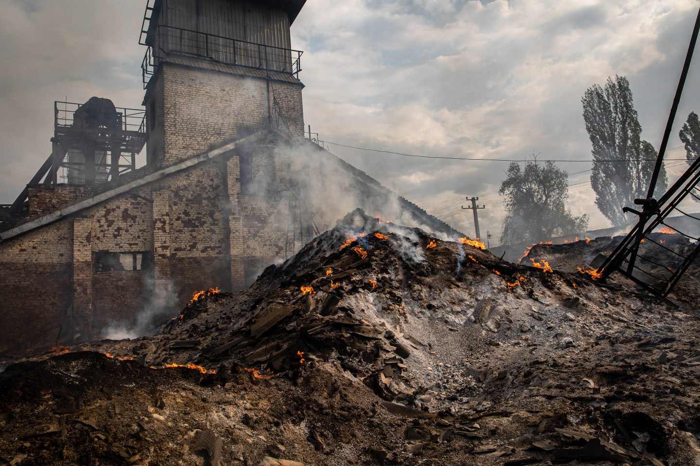 The ashes of burnt grain can be seen in a grain silo in Sivers'k, Donbas region of Ukraine.
