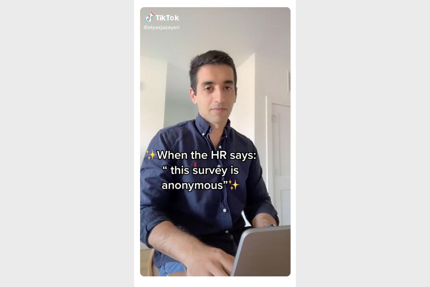 Screen grab of Elyas Jazayeri's TikTok about anonymous surveys