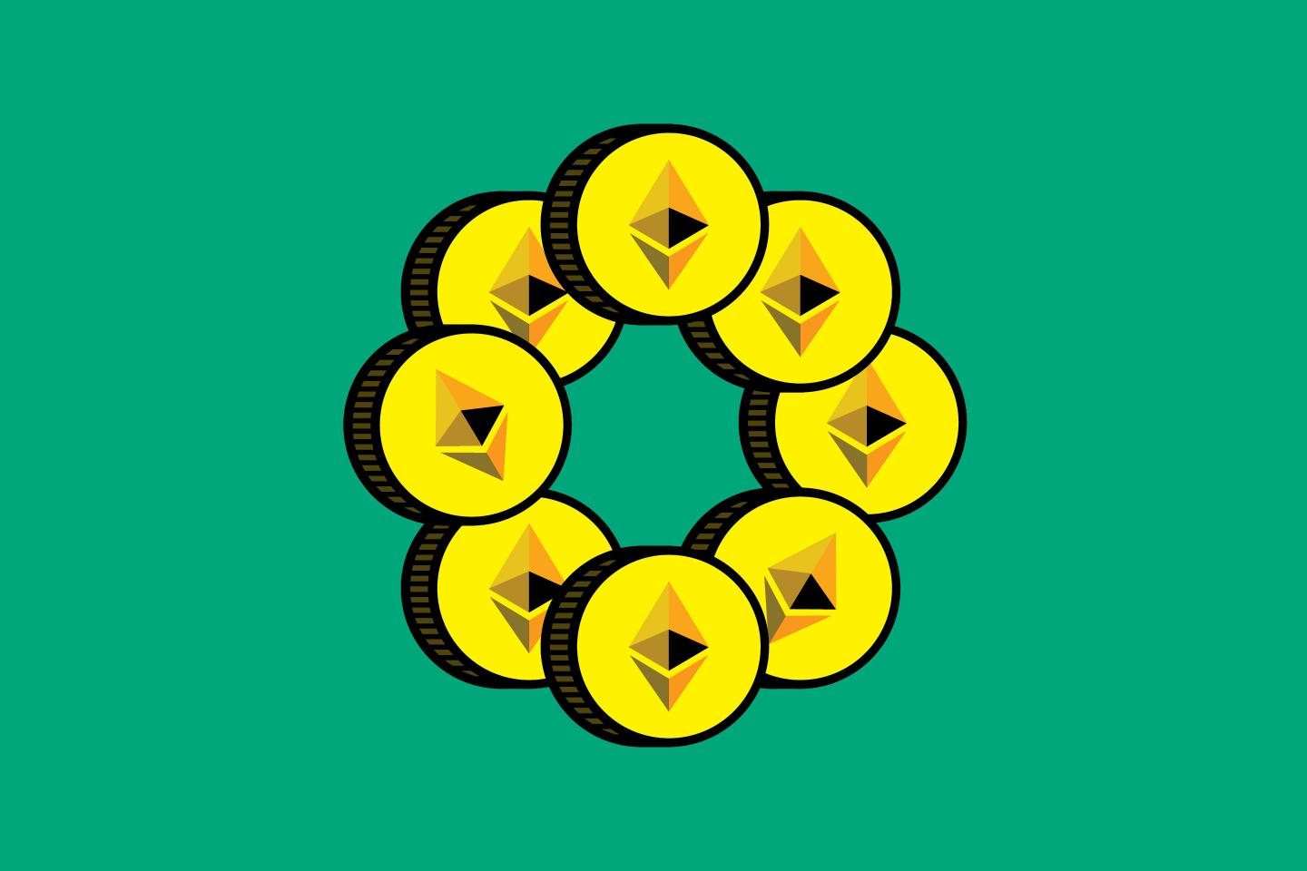 Ethereum, ether coins on green background