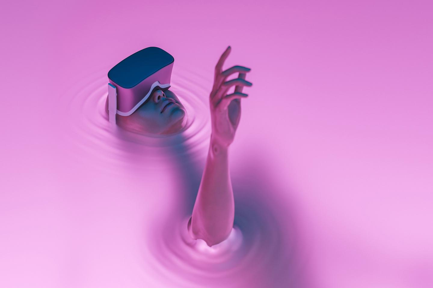 Surrealistic scene of a VR glasses user immersed in metaverse with neon lighting