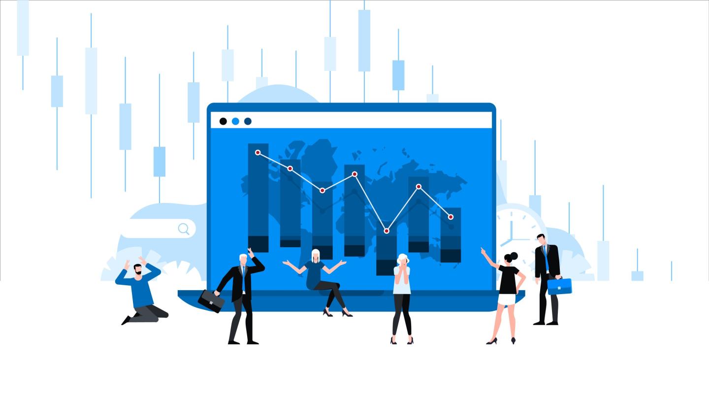 Panicking people in front of monitor with graph of falling stock prices. Animation ready duik friendly vector. Conceptual business story. Financial crisis, economic recession, bankruptcy, depression.