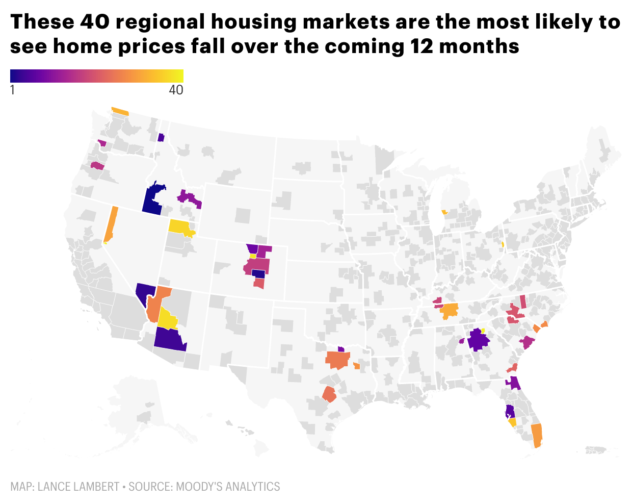 Chart showing U.S. housing markets most likely to see prices drop over the next 12 months