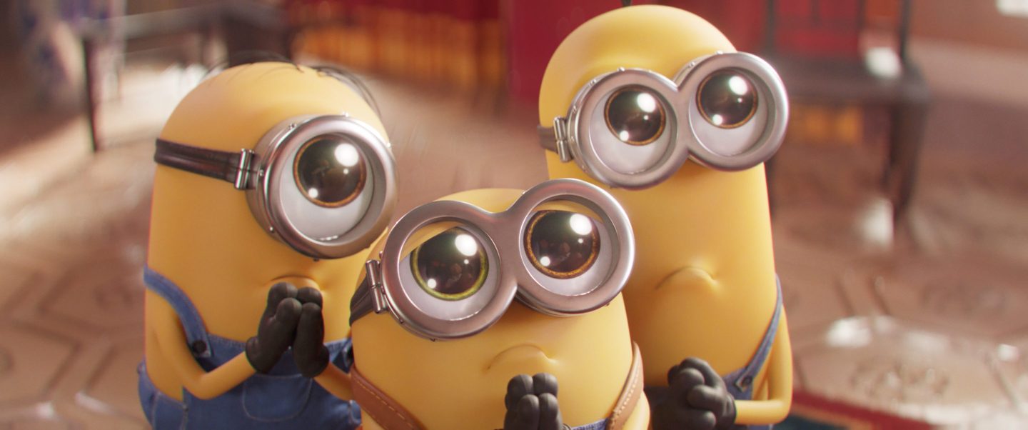 This image released by Universal Pictures shows Minions characters, from left, Stuart, Bob, and Kevin in a scene from "Minions: The Rise of Gru."