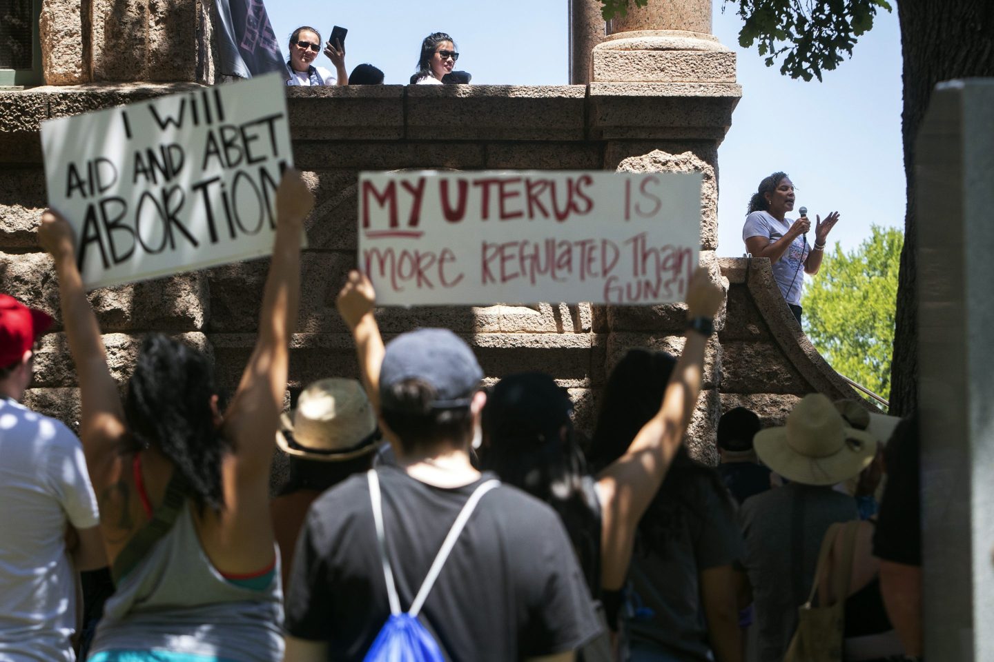 Abortion-rights advocates gather outside the Tarrant County Courthouse during the Bans Off Our Bodies protest in Fort Worth, Texas, on June 25, 2022.