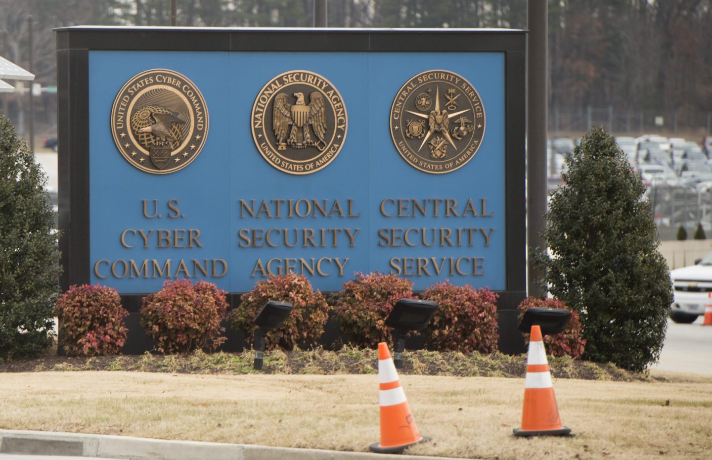 A sign for the National Security Agency (NSA), US Cyber Command and Central Security Service, is seen near the visitor's entrance to the headquarters of the National Security Agency (NSA).